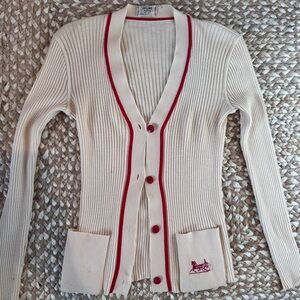CELINE Vintage 1970’s rare “old Celine” Cream Cardigan with Red Trim + Logo